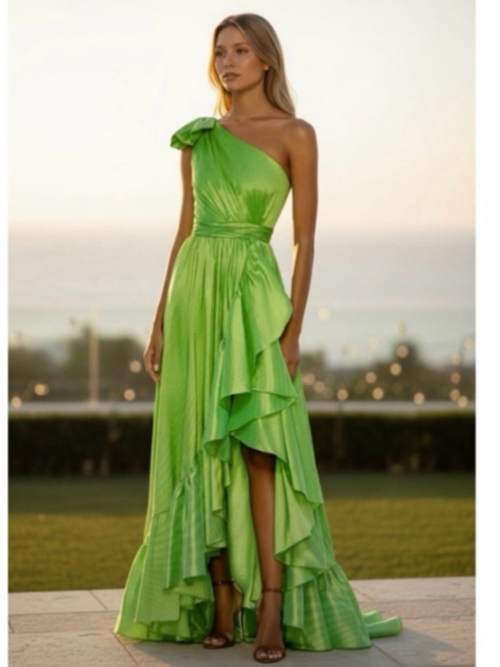 Mac Duggal One-Shoulder Lime Green Ruffled Gown